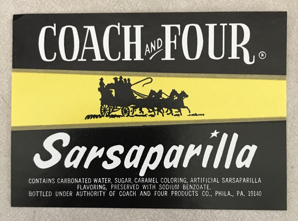 Vintage 60s 70s Coach Four Sarsaparilla Philadelphia PA Soda Label Graphic Art